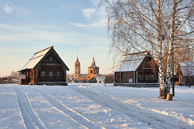 Winter Scene with Russian Old Wooden Houses