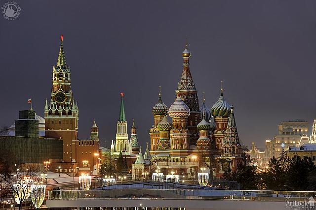 Holiday Lights at Savior Tower and St. Basil’s Cathedral in Dusk