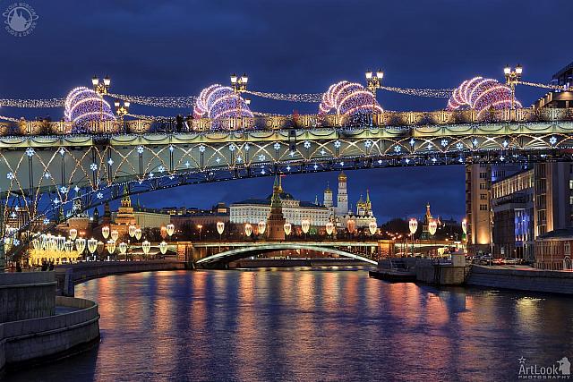New Year Patriarchy Bridge and Moscow Kremlin in Blue Hour