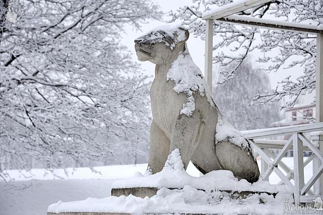 Sculpture of Lioness Framed by Trees in Snow