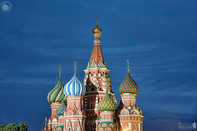 Highlighted Domes of St. Basil's Cathedral in Summer Twilight