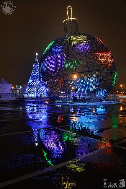Reflection of the LED Christmas Ball with Love Hearts at Night