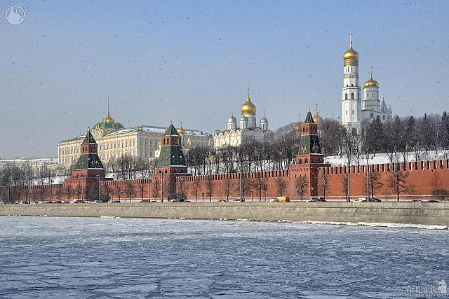 Moscow Kremlin and Frozen Moskva River in Snowfall. February 2017