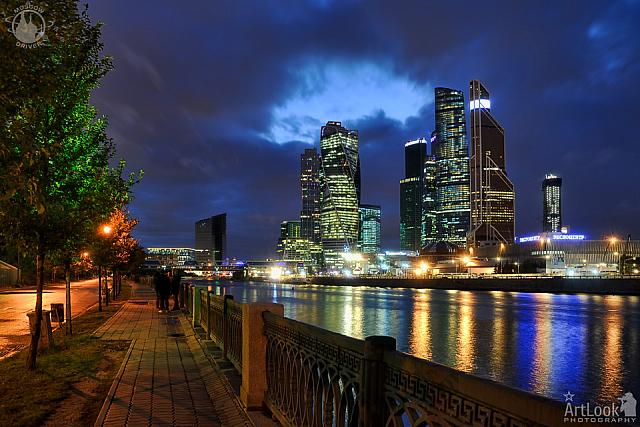 Moskva-City Skyline Under a Gap in Grey Clouds at Twilight