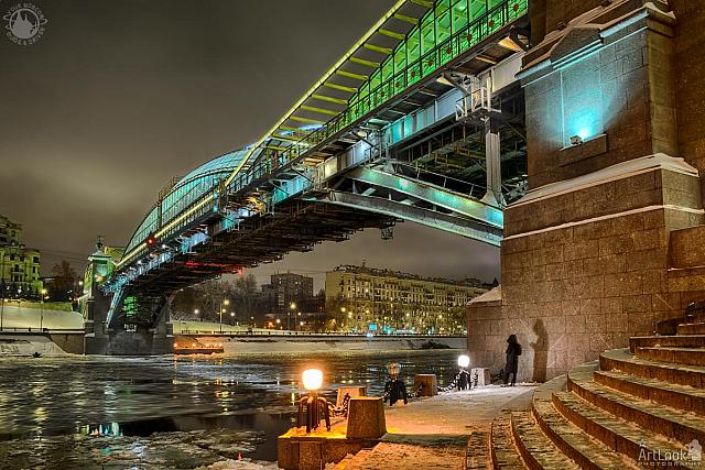 At the Pier of Bohdan Khmelnytskyi Bridge in Winter Night