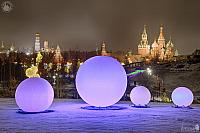 Glowing Balls and Moscow Landmarks in Winter Morning
