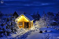 Little Russian Wooden House-Banya After the Blizzard in Twilight