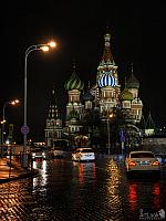 Traffic at St. Basil’s Cathedral on a Rainy Evening