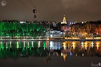 Cable Car Across Moskva River and Illuminated Sparrow Hills on Winter Evening