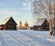 Winter Scene with Russian Old Wooden Houses