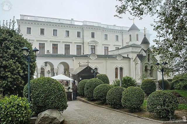 Romanov's Church at Livadia Palace Framed by Trees in a Foggy Day