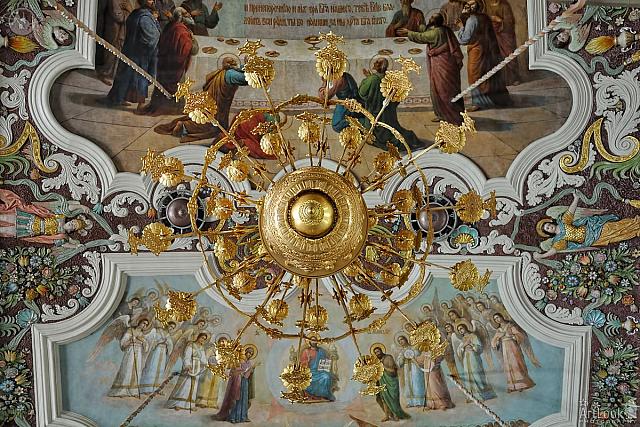 Under Gilded Church Chandelier in Lavra’s Refectory