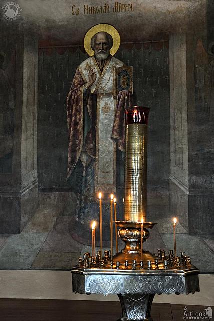Icon of St. Nicholas of Myra and Church Candle Stand