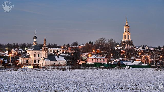 Houses and Stone Churches of Suzdal at Winter Twilight