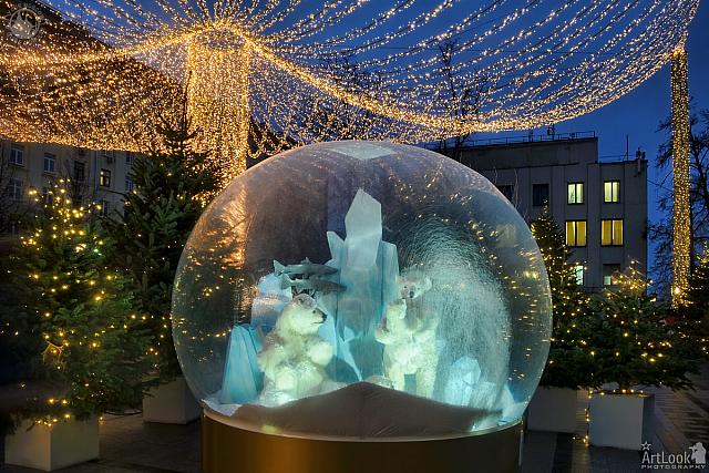 Glass Ball with Polar Bears on Tverskaya Square in Twilight
