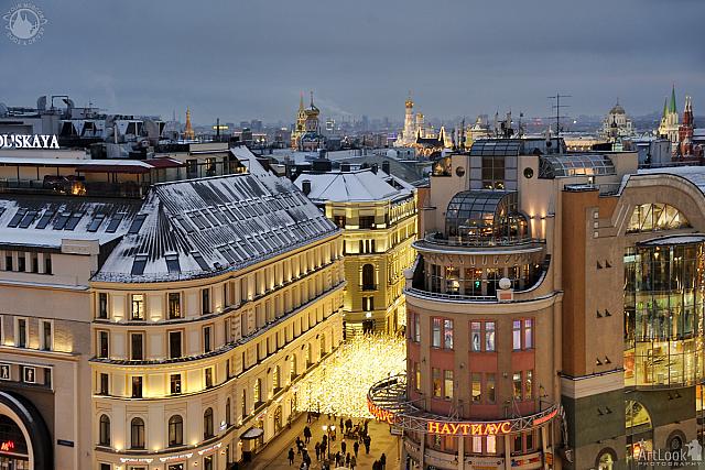 Nikolskaya Street and Roofs of Historical Moscow in Twilight