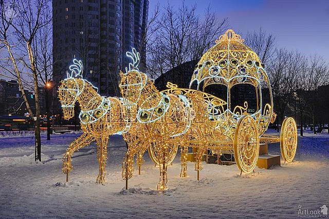 Fairytale Light Horses with a Carriage in Winter Twilight