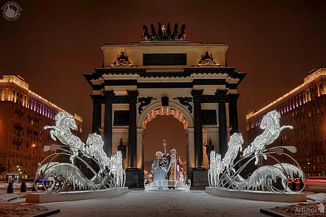 Grandfather Frost with Snow Maiden and Horses at Triumphal Gate