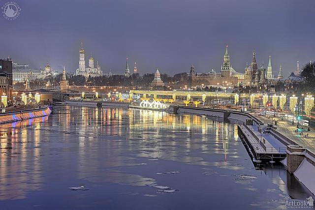 Morning Twilight Over the Festive Moscow in Winter Holidays