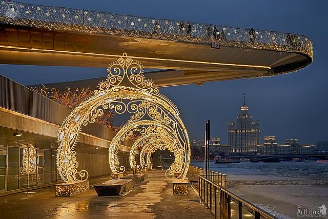 The Row of New Year Arches at Zaryadye Pier in Winter Twilight