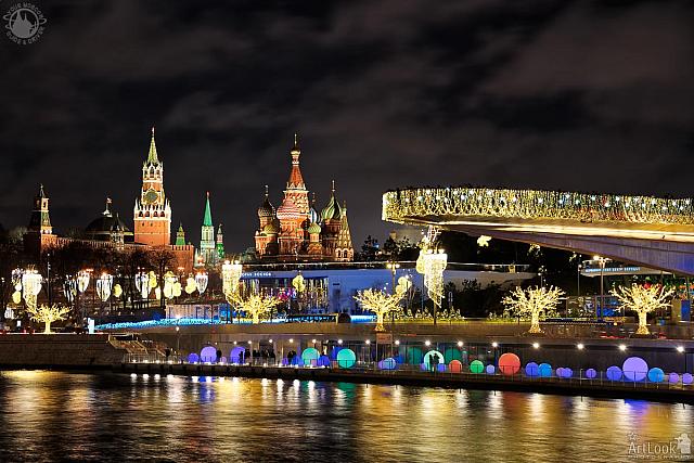 New Year Pier of Zaryadye Park & Moscow Landmarks in Winter Night