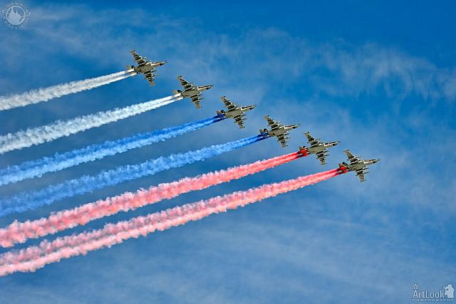 Fighter Jets Su-25 Trail in the Colors of Russian Flag (Angle View)