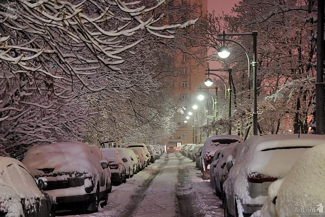 Parking After Heavy Snowfall at Victory Park in Dark Morning