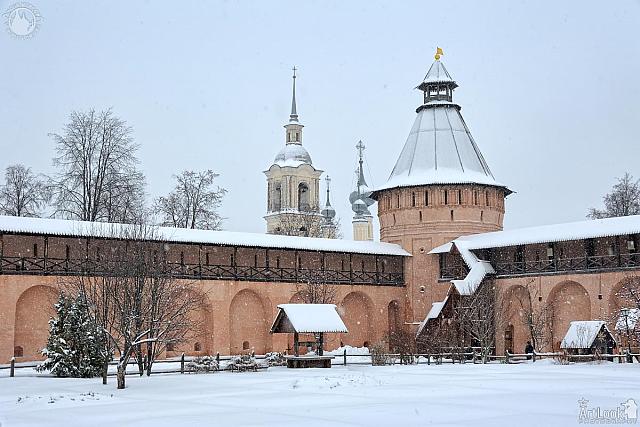 Walls and Towers of Savior Monastery in Heavy Snowfall