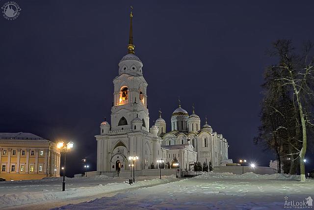Bell Tower and Assumption Cathedral of Vladimir in Winter Dusk