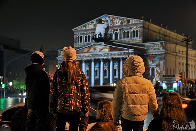 Kids Watching Spectacular Video Projections on Bolshoi Theater