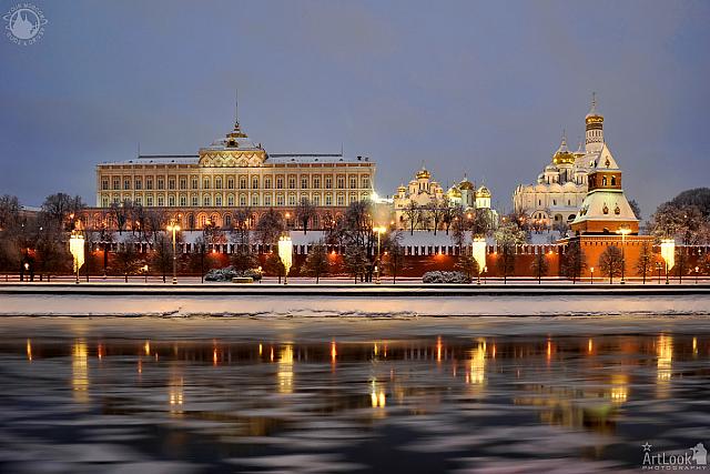 Moscow Kremlin with Reflection in Icy Moskva River in Twilight