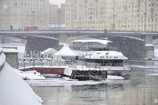 Docked River Palace at Pier Kievskaya in February Blizzard