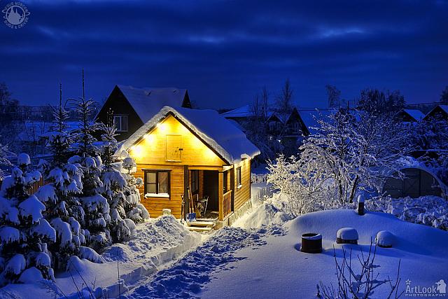 Little Russian Wooden House-Banya After the Blizzard in Twilight
