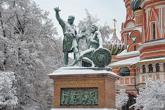 Monument to Minin and Pozharsky Framed by Trees in Snow