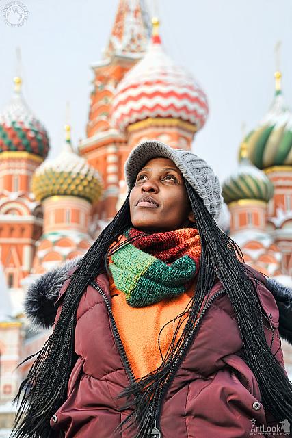 In Background of Amazing Domes of St. Basil’s Cathedral in Snow