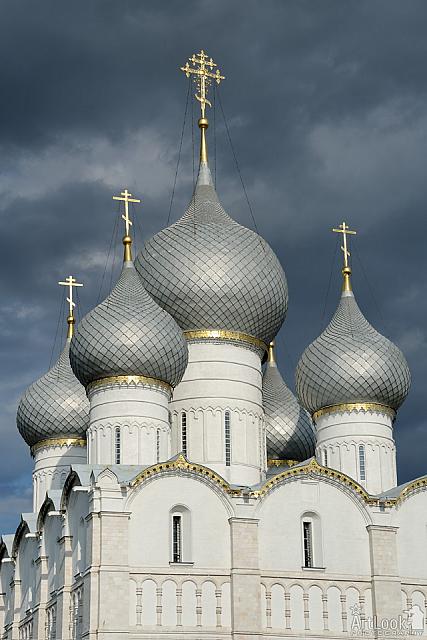 Silver Domes of Assumption Cathedral against Grey Clouds Rostov