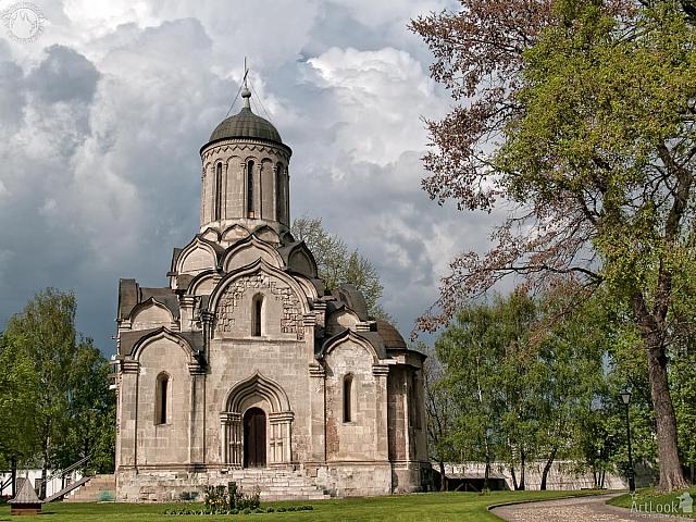 White-Stone Cathedral of the Saviour Against Rain Clouds in Spring