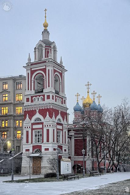 Three-tier Bell Tower of St. George Church in Snowfall