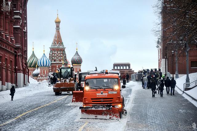Cleaning Snow on a Slope at the Red Square