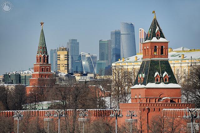 Kremlin Towers and Skyscrapers of Moskva City in Winter
