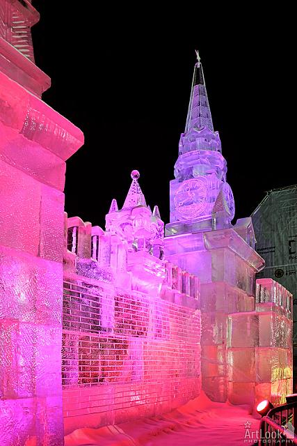 Icy Miniature of Moscow Kremlin Aglow in Rosy Pink Light