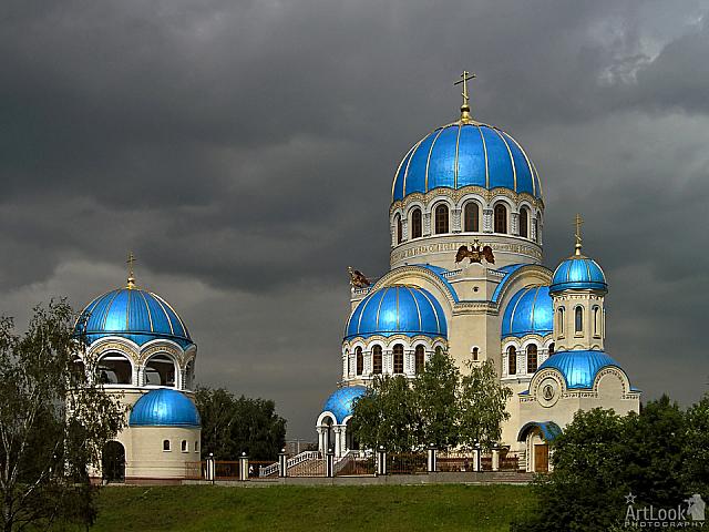 Magic Blue Domes of Holy Trinity under Grey Skies