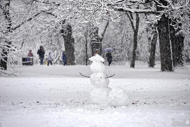 Snowman in Kolomenskoye Park in Snowfall