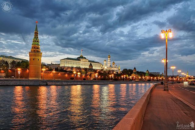 Lights of Moscow Kremlin Against Cloudy Sky in Spring Twilight
