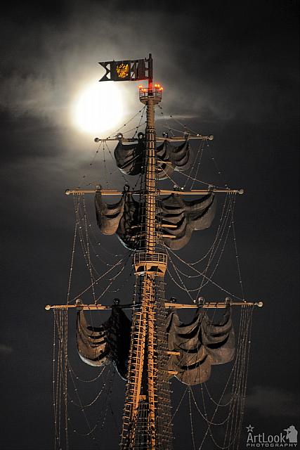 Mast with Sails under Moonlight