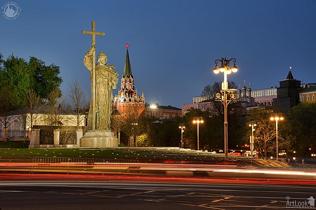 Light Trails at Monument to Prince Vladimir in Spring Twilight