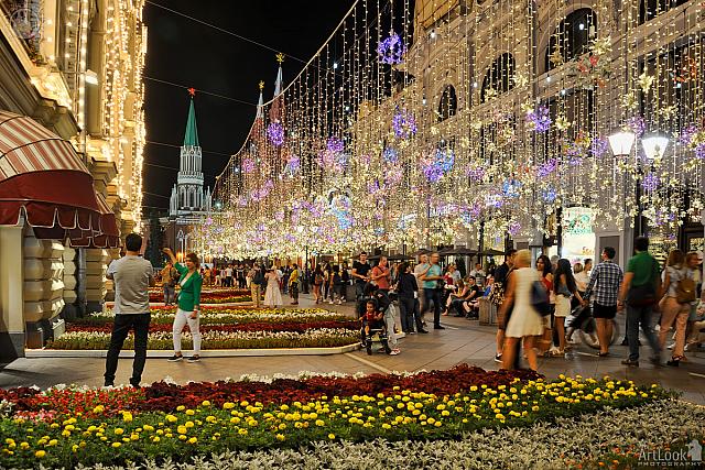Festive Lights Over Nikolskaya Street and Beautiful GUM Flowers