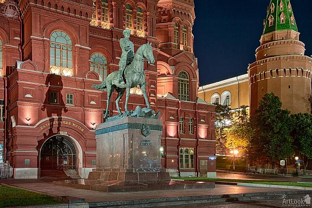 Illuminated Monument to Marshal Zhukov in the Dusk