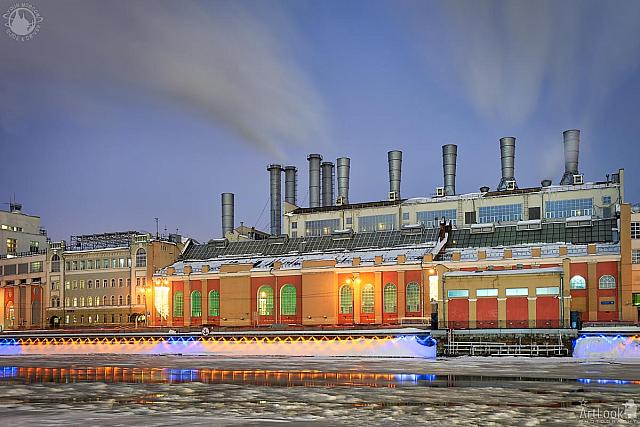 Power Plant #1 at Festive Raushskaya Embankment in Winter Twilight
