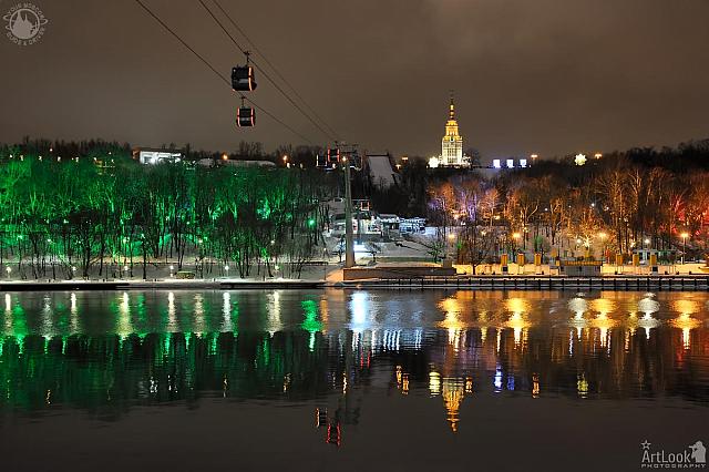 Cable Car Across Moskva River and Illuminated Sparrow Hills on Winter Evening
